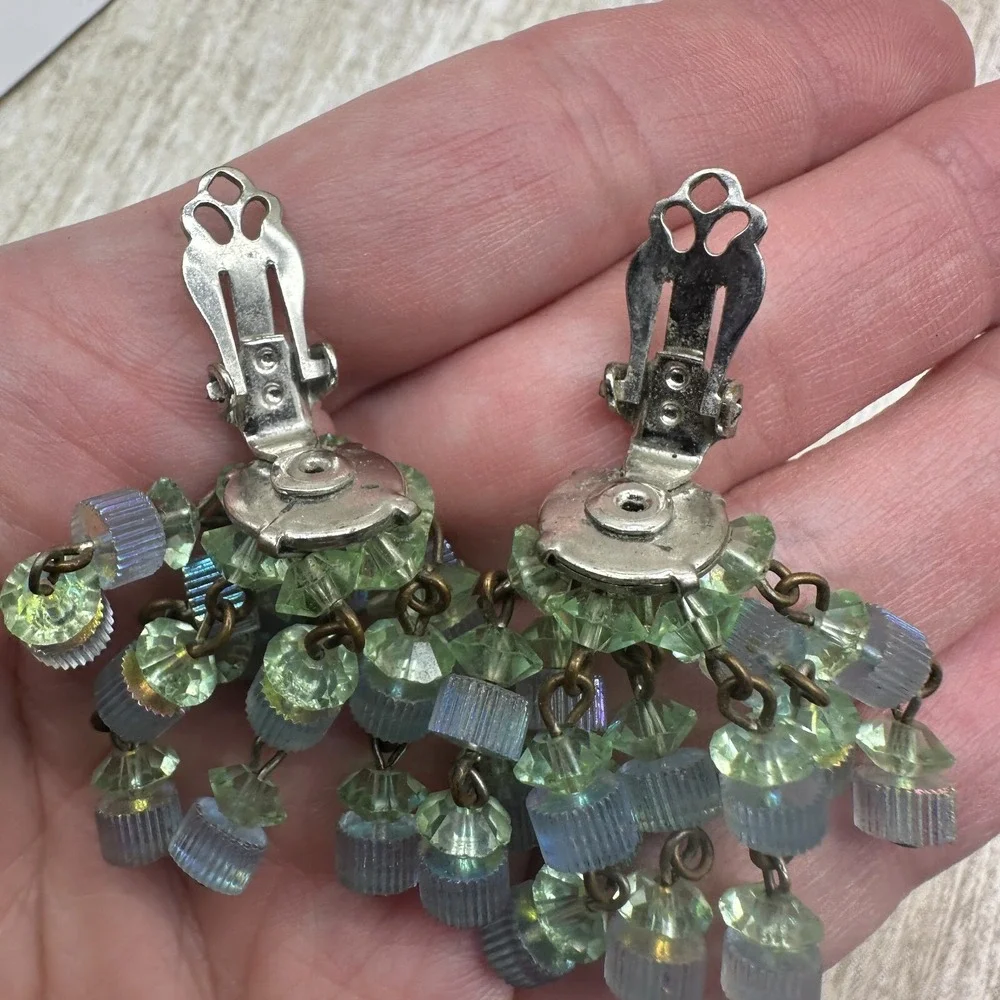 Vintage Clip On Earrings‎ Blue Glass Beaded Dangle Old Hollywood Glam Estate